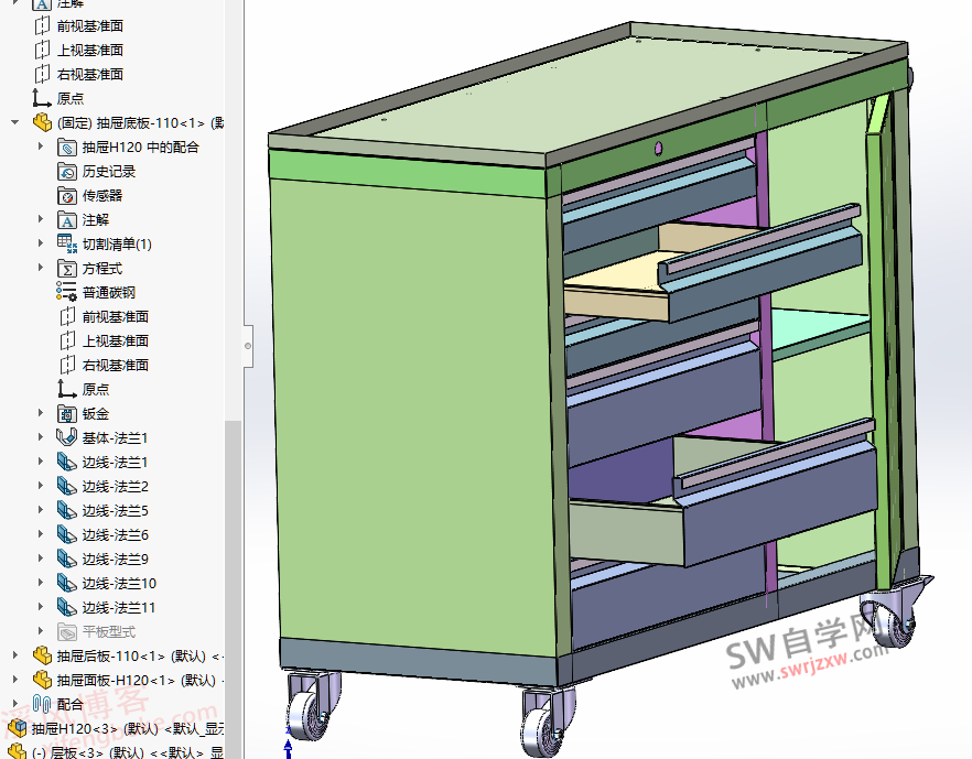 SolidWorks工具车模型五斗一门